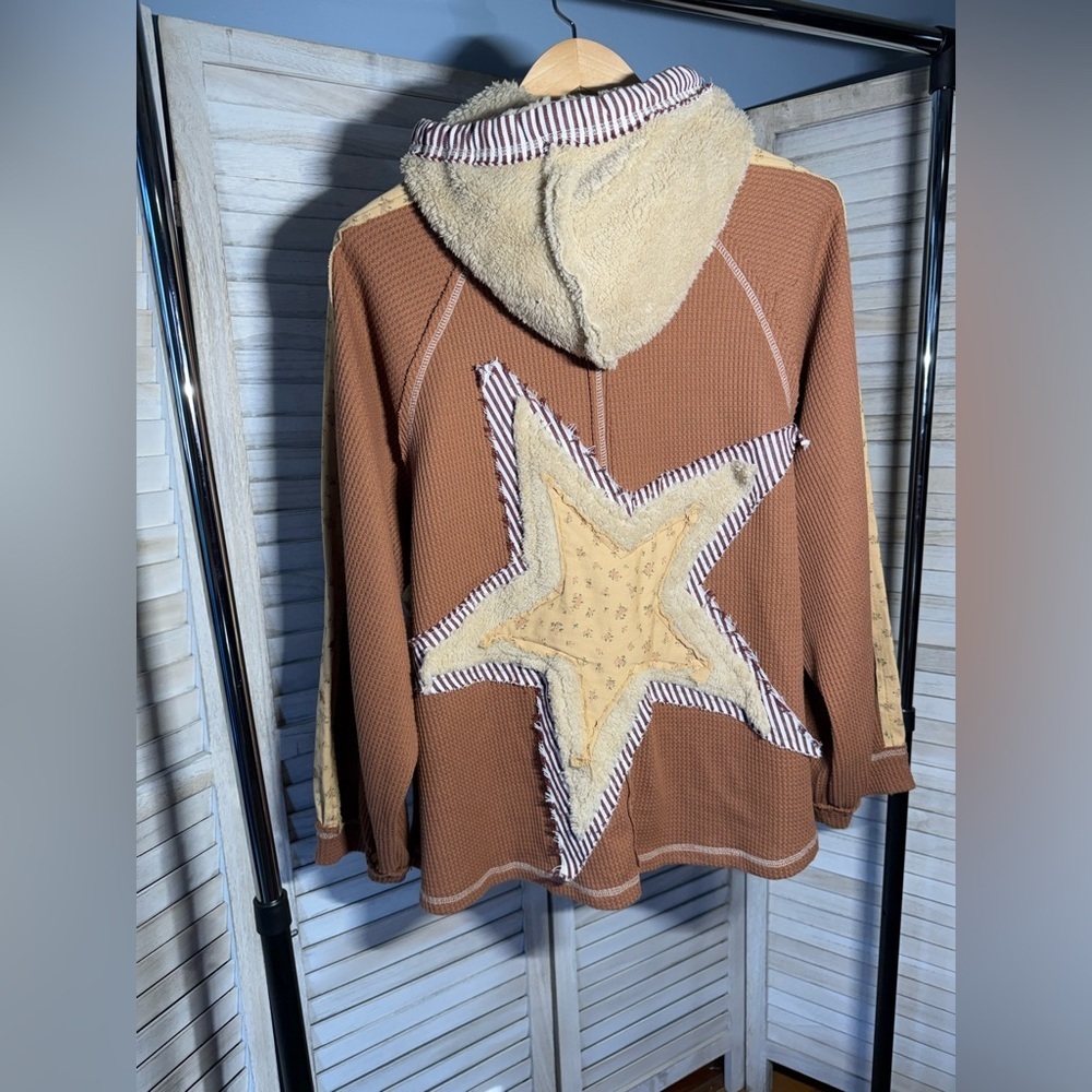 POL Half Zip Up Fleece Mix Back Star Patch Hoodie Oversized - Picture 2 of 5